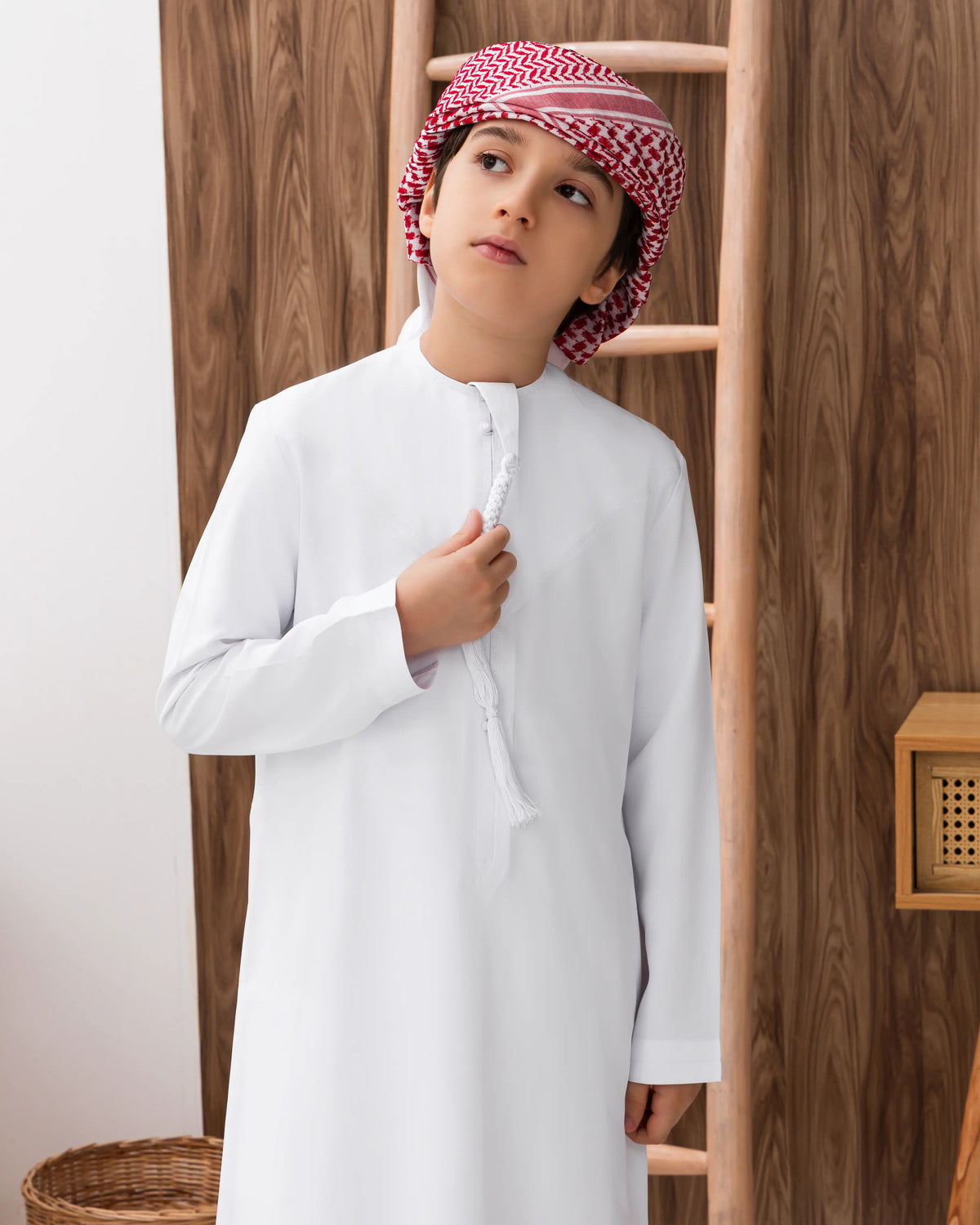 Kids Emirati Style Kandura in Classic White with Traditional Red & White Shimag