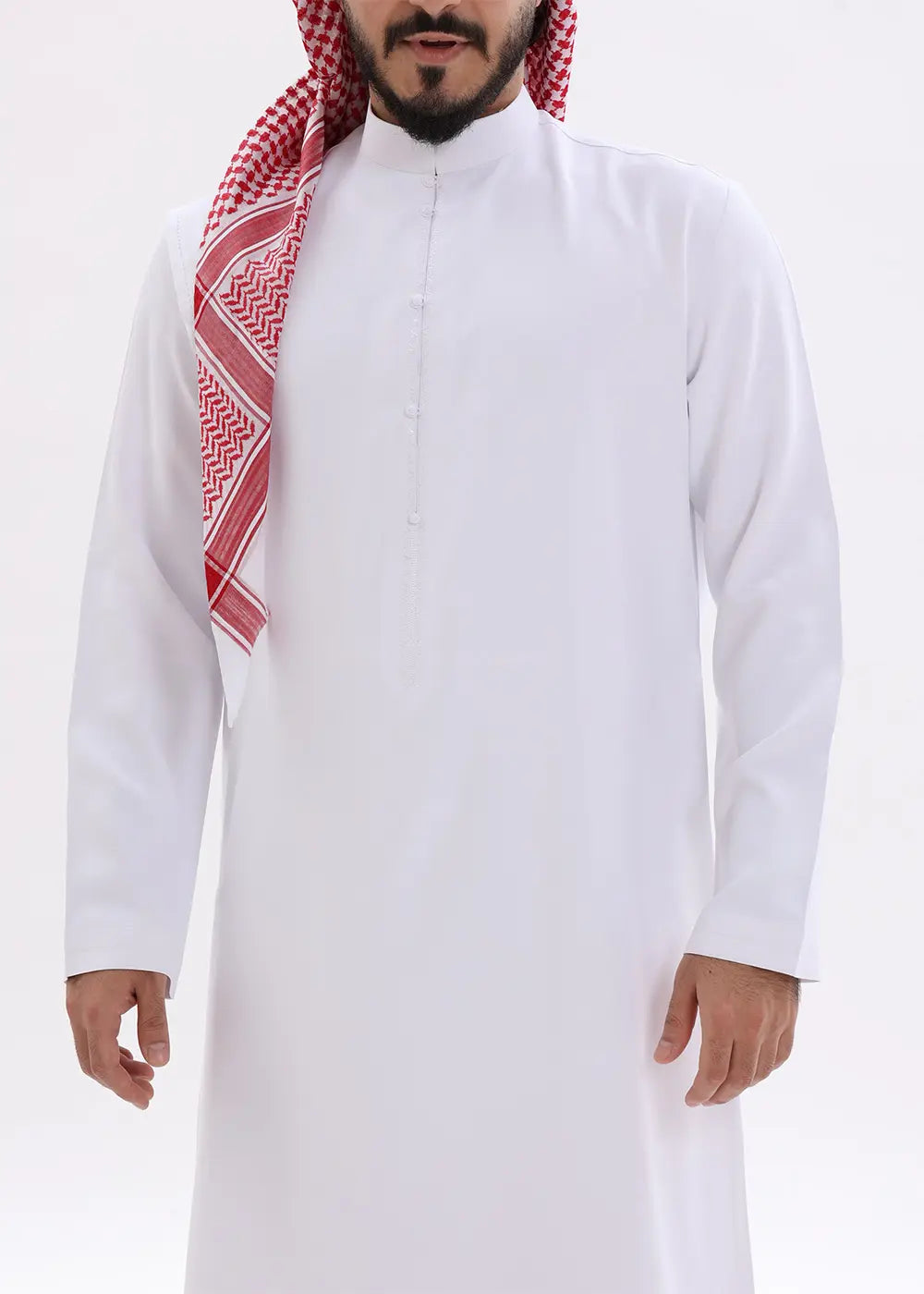 Mens Classic White Bahraini Style Kandura With Traditional Red & White Shemagh 