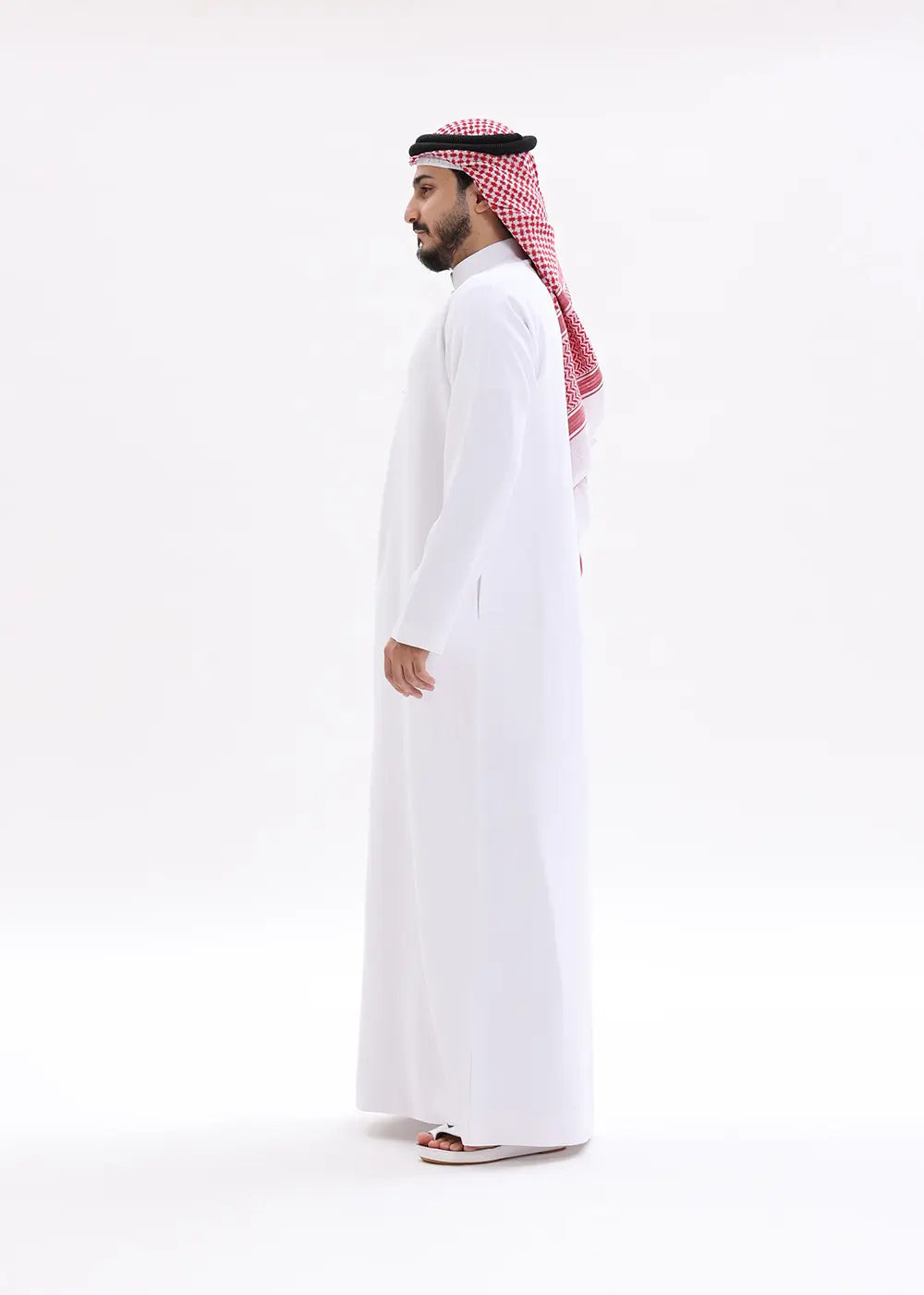 Mens Classic White Bahraini Style Kandura With Traditional Red & White Shemagh 