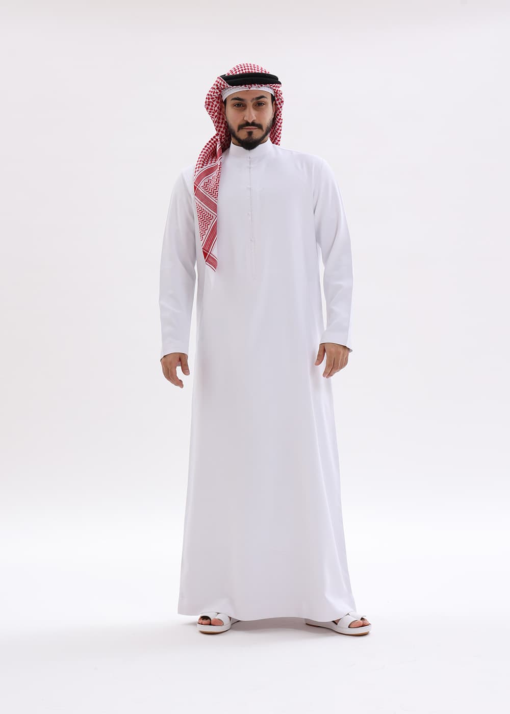 Mens Classic White Bahraini Style Kandura With Traditional Red & White Shemagh 